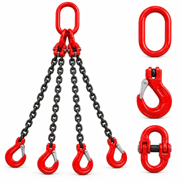 Four-leg chain sling with red hooks, master link and component close-ups